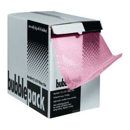 The Packaging Wholesalers Perforated Anti-Static Bubble Roll W/Dispenser, 12"W x 175'L x 3/16" Thick, Pink CBD31624AS